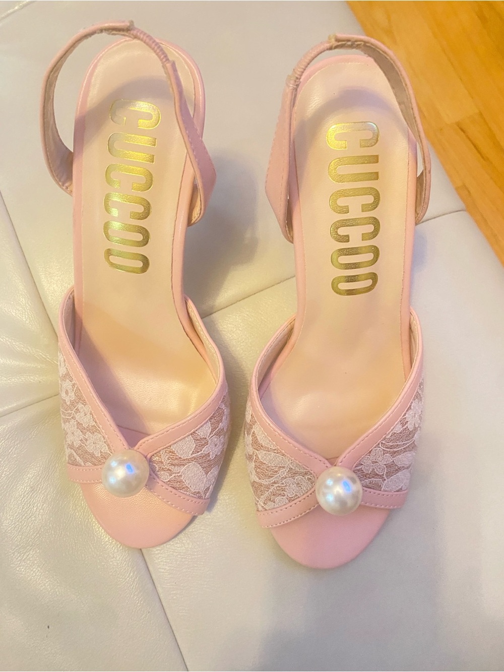 Gucci Blush Pink Lace Slingback Heels with Pearl Detail